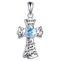 wholesale 925 Sterling Silver Blue Crystal Cross Memorial Keepsake Pendant Necklace with Funnel and Spatula Set-Butterfly Cross Urn Necklace Without Chain