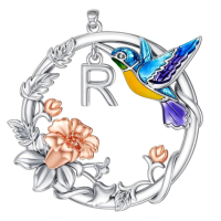 wholesale 925 Sterling Silver Hummingbird & Flower Initial R Pendant Necklaces for Women Girls Alphabet s Letter Charm Chain Accessories Birthday Christmas Present Ideas-R Without Chain