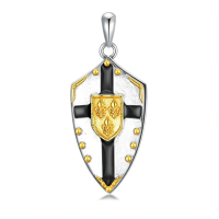 wholesale 925 Sterling Silver Knight's Templar Shield Pendant Necklace w/ Gold Accents & Bible Verse - Joshua 1:9-White Gold Plated-Black Without Chain