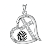 wholesale 925 Sterling Silver Engraved Volleyball Heart Cross Pendant Necklace for Women-Customized Volleyball Necklace-Volleyball Without Chain