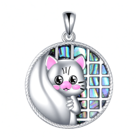 wholesale 925 Sterling Silver Iridescent Abalone Shell Cat Pendant Necklace Gift for Women-Cat Wall Without Chain