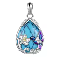 wholesale 925 Sterling Silver Blue Purple Hummingbird Pendant Necklace with Flower Charm-Silver-Hummingbird Necklace with Turquoise Without Chain