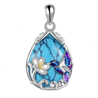 wholesale 925 Sterling Silver Hummingbird Flower Pendant Necklace-Silver-Hummingbird Necklace with Turquoise Without Chain
