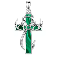 wholesale 925 Sterling Silver Black Enamel Deer Antlers Cross Pendant Necklace with Stainless steel chain for Men -2-15-Malachite Without Chain