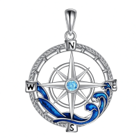 wholesale 925 Sterling Silver Compass Wave Blue Crystal Pendant Necklace for Women Girls-Compass Necklace Without Chain