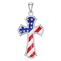 wholesale 925 Sterling Silver USA Flag Cross Pendant Necklace with Chain 4-Leaf Clovers Design-American Flag-Cross Without Chain