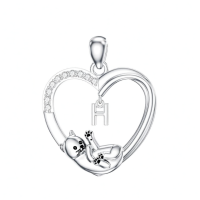 wholesale 925 Sterling Silver Stone Cat Heart Necklace w Initial 26 Alphabets Gift-H Without Chain