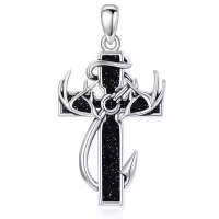 wholesale 925 Sterling Silver Black Enamel Deer Antlers Cross Pendant Necklace with Stainless steel chain for Men -2-12-Blue Sandstone Without Chain