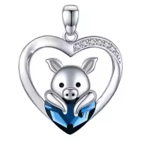 wholesale 925 Sterling Silver Heart-Shaped Blue Crystal Pig Pendant Necklace for Women and Girls' Birthday Gifts-Pig Lying on Heart Without Chain
