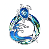 wholesale 925 Sterling Silver Turtle And Wave Pendant With Blue Gemstone Necklace-Sea Turtle-Crystal Without Chain
