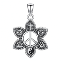 wholesale 925 Sterling Silver Multi-Religious Symbols Flower Peace Sign Pendant Necklace for Women Men Christian Jewish Islam Buddhism Hinduism Yoga Spiritual Gifts 48cm Chain Length-Coexist Harmony Necklace-B Without Chain