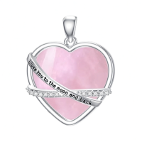 wholesale 925 Sterling Silver Heart Necklace Wholesale With Pink Inlay And Engraved Message-Rose Quartz Without Chain