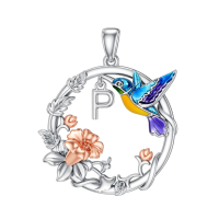 wholesale 925 Sterling Silver Hummingbird & Flower Pendant Necklaces for Women Girls Gifts Alphabet Initial Letter P Charm Chain Jewelry Set Blue Purple Yellow Gold Tone Enamel Colorful Artistic Design-P Without Chain