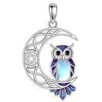 wholesale 925 Sterling Silver Moon Owl Pendant Necklace Wholesale With Colorful Details-O-Owl Without Chain