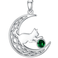 wholesale 925 Sterling Silver Cat And Moon Necklace Wholesale With Ruby Charm-May Without Chain
