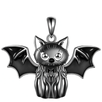 wholesale 925 Sterling Silver Black Enamel Bat Pendant Necklace Gothic Halloween Jewelry for Women-Bat Cat Without Chain