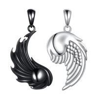 wholesale 925 Sterling Silver Yin Yang Pendant Necklace with Angel Wings for Couples-Yin Yang Angel Wings Without Chain