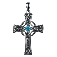 wholesale 925 Sterling Silver Garnet Celtic Cross Necklace for Men 22 +2 Chain-Black-March Without Chain