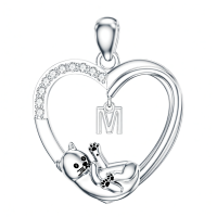 wholesale 925 Sterling Silver Stone Cat Heart Necklace w Initial 26 Alphabets Gift-M Without Chain