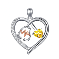 wholesale 925 Sterling Silver Gemstone Heart Stethoscope Pendant Necklace for Women-A11:November-Citrine Without Chain