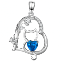 wholesale 925 Sterling Silver Blue Heart Cat Pendant Necklace with Cubic Zirconia Stones Gifts for Women-03-Heart-Cat Without Chain