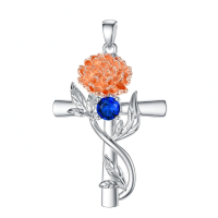 wholesale 925 Sterling Silver Cross Pendant With Red Gemstone And Lily Design-9-September-Peony Without Chain