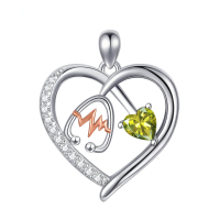 wholesale 925 Sterling Silver Gemstone Heart Stethoscope Pendant Necklace for Women-A8:August-Peridot Without Chain