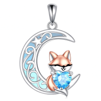 wholesale 925 Sterling Silver Blue Crystal Heart Fox Pendant Necklace-FOX moon Without Chain