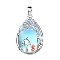 wholesale 925 Sterling Silver Blue Moonstone Family Tree Pendant Necklaces for Dad Mom Kids Gift Set-Dad &1 Daughter-Hold hand-Tree of Life Without Chain