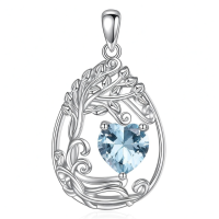 wholesale 925 Sterling Silver Heart Pendant Necklace Wholesale Gold Plated-03-Mar-Aquamarine Without Chain