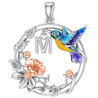wholesale 925 Sterling Silver Hummingbird Flower Initial M Pendant Necklace-M Without Chain