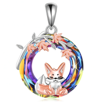 wholesale 925 Sterling Silver Rainbow Crystal Fox & Leaves Triple Moon Goddess Pendant Necklace-Fox Without Chain