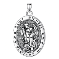 wholesale 925 Sterling Silver Saint Michael Pendant with Archangel Cross and Stars on Oval Medallion Necklace (24+2) -A02-St Michael Without Chain