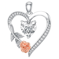 wholesale 925 Sterling Silver Angel Wing & Rose Heart Pendant Necklace for Women-Side Rose Without Chain