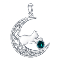 wholesale 925 Sterling Silver Cat And Moon Necklace Wholesale With Ruby Charm-December Without Chain