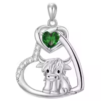 wholesale 925 Sterling Silver Green Crystal Scottish Highland Cow Heart Necklace for Women Gifts USA-Cow Heart-Emerald Without Chain