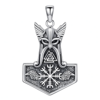 wholesale 925 Sterling Silver Viking Thor's Hammer Mjolnir Pendant Necklace with Raven Design and Valknut Symbol for Men & Women-Style 2 Without Chain
