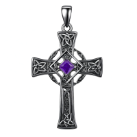 wholesale 925 Sterling Silver Garnet Celtic Cross Necklace for Men 22 +2 Chain-Black-February Without Chain