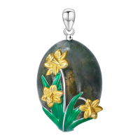 wholesale 925 Sterling Silver Green Moss Agate Daffodil Floral Pendant Necklaces for Women-Daffodil Flower Without Chain