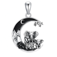 wholesale 925 Sterling Silver Elephant Family Crescent Moon Necklace with Black Crystal and Leaf Charm Pendant for Women Girls Gifts 43mm x 78mm-Elephant-2 Without Chain