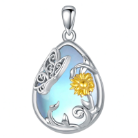 wholesale 925 Sterling Silver Teardrop Blue Agate Sunflower Pendant Necklace for Women-Butterfly Without Chain