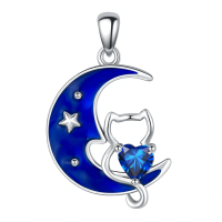 wholesale 925 Sterling Silver Crescent Moon & Heart Cat Pendant Necklace Blue Crystal Stone s for Women-03-Moon-Cat Without Chain