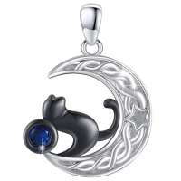 wholesale 925 Sterling Silver Moon Cat Star Pendant Necklace for Women Girls-Luck Blace Cat Necklace Without Chain