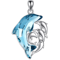 wholesale 925 Sterling Silver Blue Crystal Mother & Child Dolphins Pendant Necklaces Gift for Women Girls-Dolphin Mom and 4 Sons or Daughters Without Chain
