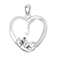 wholesale 925 Sterling Silver Stone Cat Heart Necklace w Initial 26 Alphabets Gift-J Without Chain