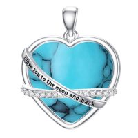 wholesale 925 Sterling Silver Heart Necklace Wholesale With Pink Inlay And Engraved Message-Turquoise Without Chain