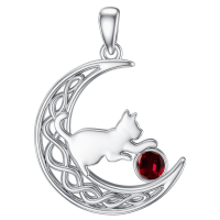 wholesale 925 Sterling Silver Cat And Moon Necklace Wholesale With Ruby Charm-January Without Chain