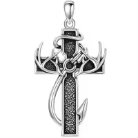 wholesale 925 Sterling Silver Black Enamel Deer Antlers Cross Pendant Necklace with Stainless steel chain for Men -2-00-Larger Cross Antler Fish Hook Without Chain