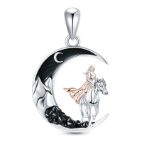 wholesale 925 Sterling Silver Crescent Moon Fairy Riding Horse Necklace Pendant-Horse Without Chain