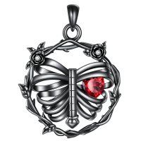 wholesale 925 Sterling Silver Red Crystal Butterfly Cage Pendant Necklace with Black Enamel and Flower Accents-Rib Necklace Without Chain